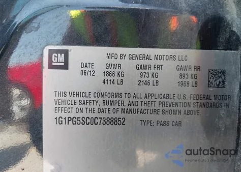 2012 Chevrolet Cruze 2Lt from USA, damaged, VIN 1G1PG5SC0C7388852